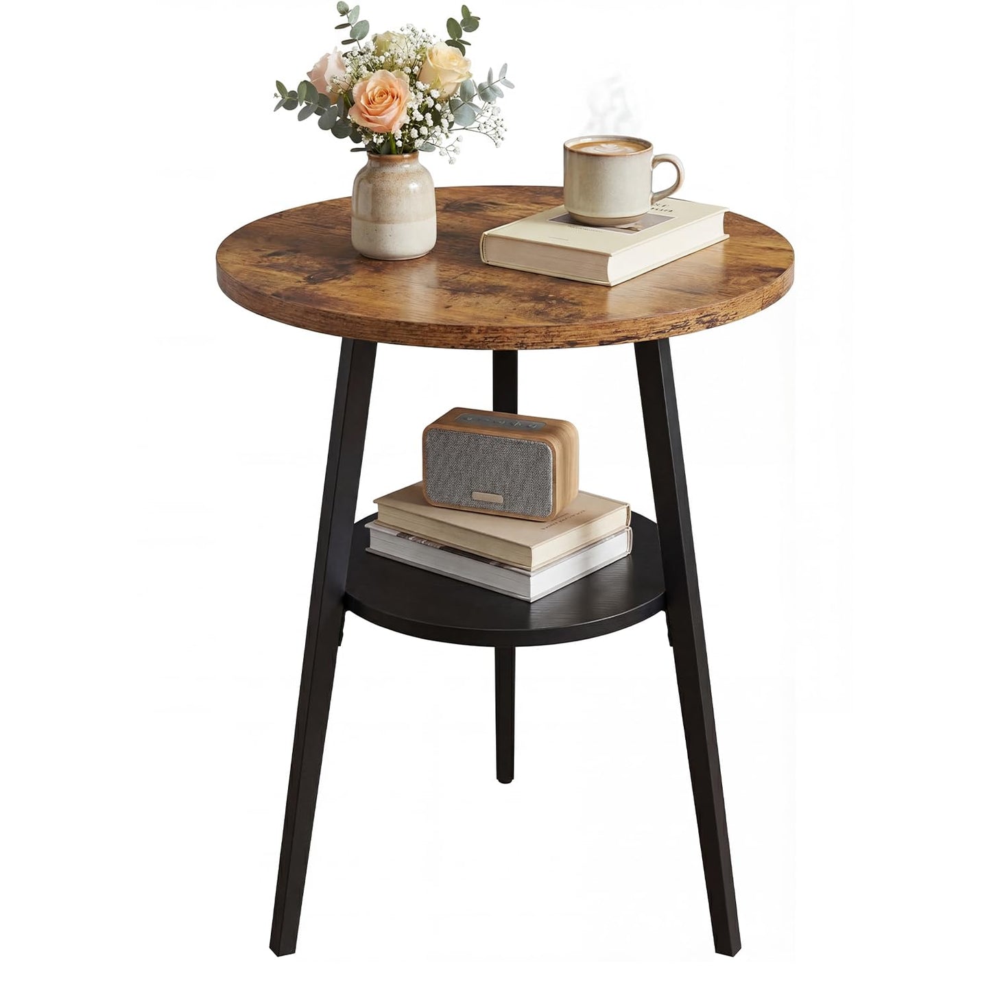 Small Round Side Table, 2-Tier Coffee Table with Storage Shelf