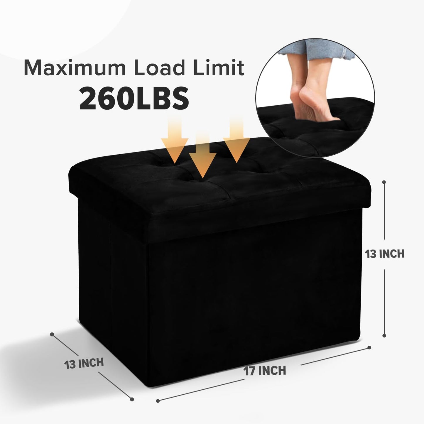 LINMAGCO Storage Ottoman Folding Foot Stool Foot Rest with Side Pocket Modern Ottoman with Storage Short Sofa Stool Velvet 43X33X33CM(Black)