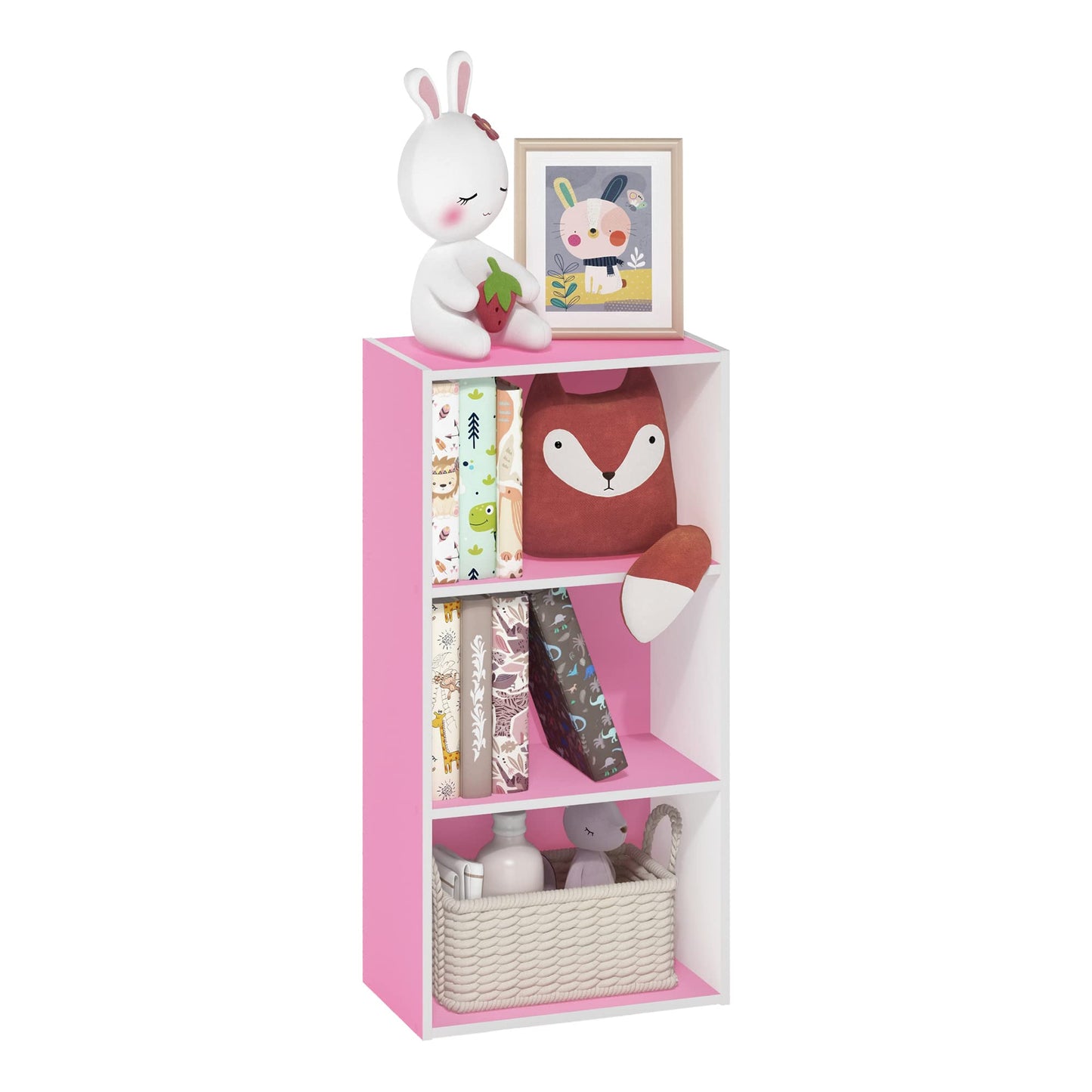 Furinno LUDER Book Shelf, 3-Tier Modern Bookshelf, Open Shelves Bookcase 9.3 x 16 x 31.4, for Living Room, Bedroom, Home Office, Pink/White