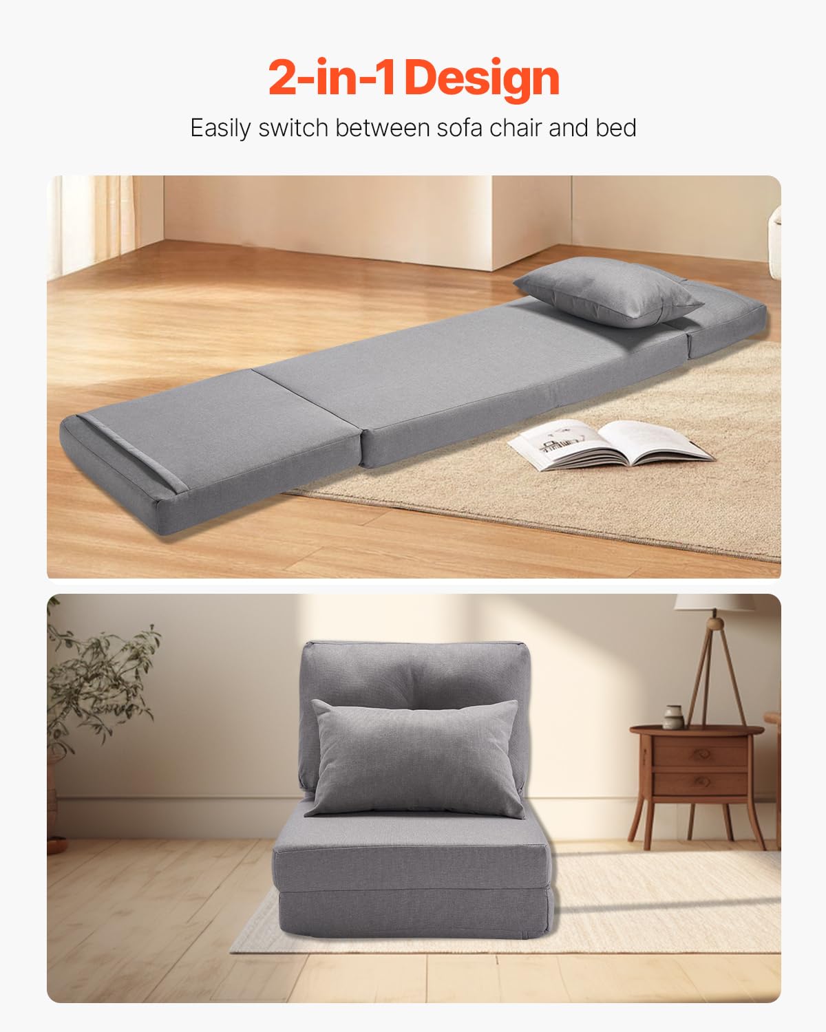 VEVOR Convertible Flip Chair, 5-Position Adjustable Floor Lazy Sofa, Folding Upholstered Couch Bed with Adjustable Backrest Metal Frame and Pillow
