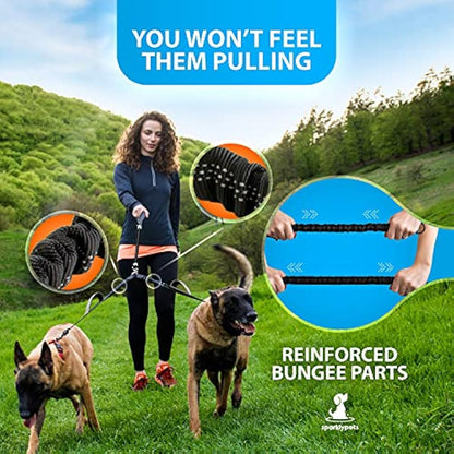 SparklyPets Double Dog Leash for 2 Dogs – Rope Bungee Dual Leash for Medium and Large Breeds with Padded Handles & Tangle Free (Black, Medium/Large)