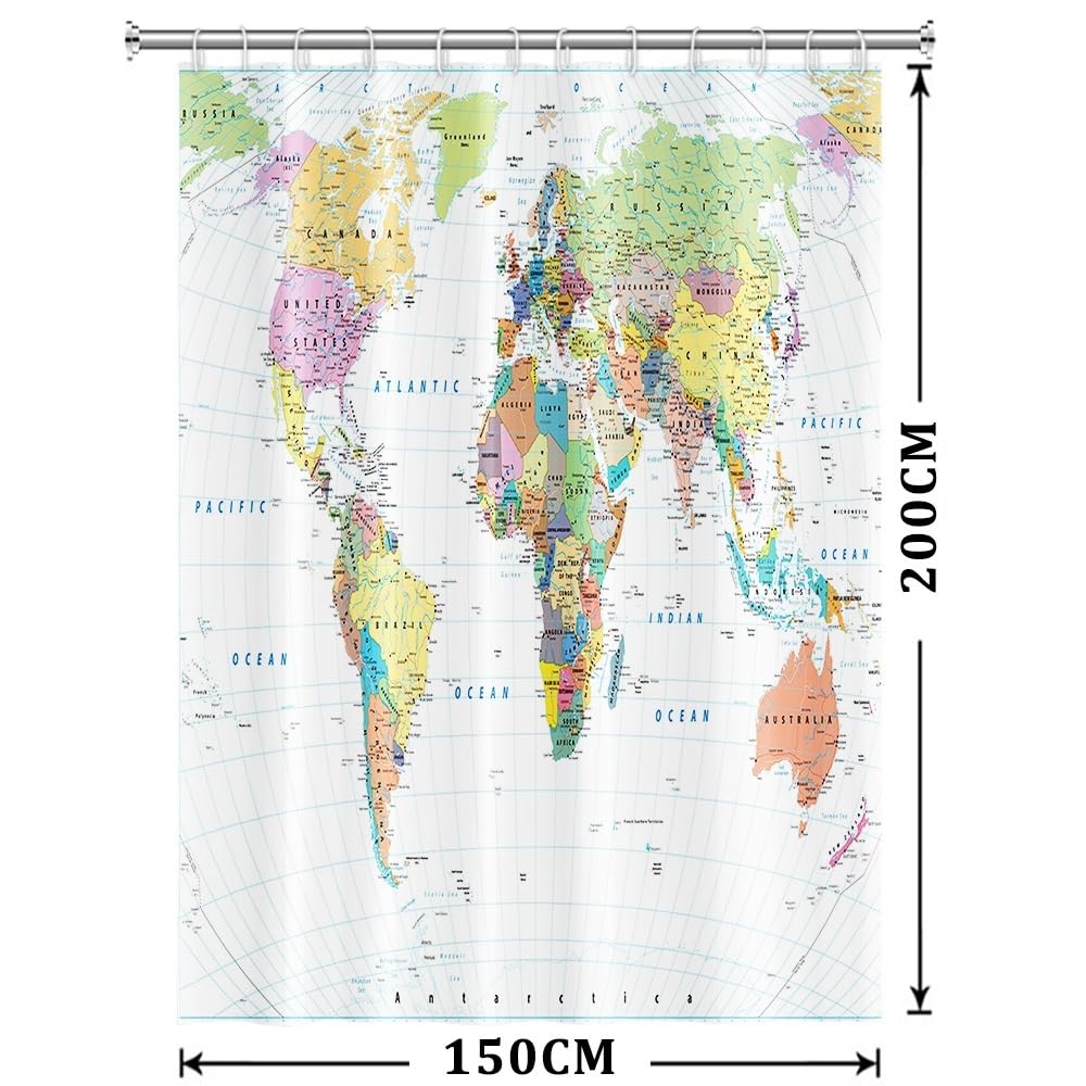 Xiaoterna World Map Shower Curtain Colorful Nautical Map Ocean Bathroom Curtain White Coastal Ocean Shower Curtain for Bathroom Machine Washable