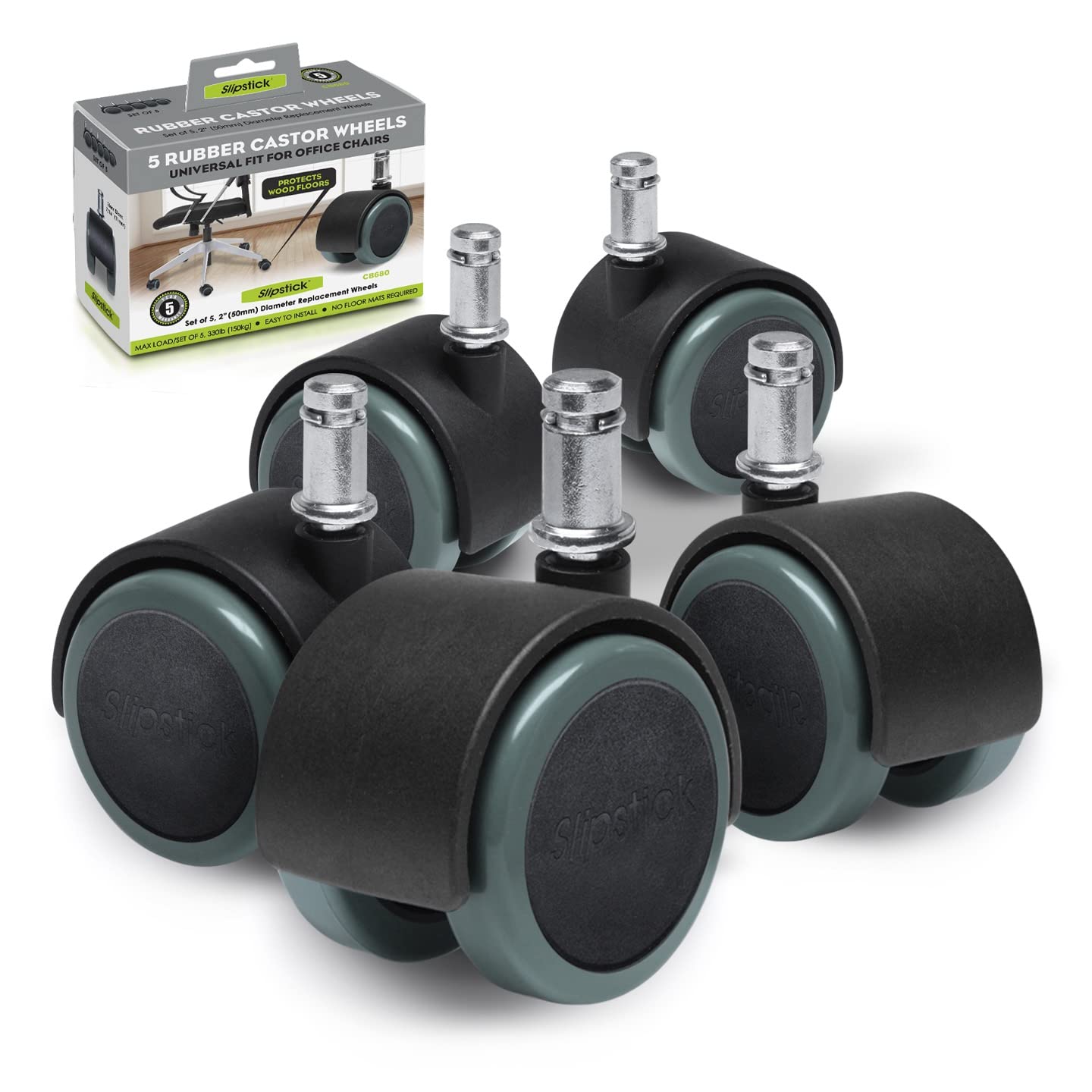 Slipstick CB680 Floor Protecting Rubber Office Chair Casters (Set of 5) 50 mm Castor Wheels with Standard Stem Size - Black/Gray