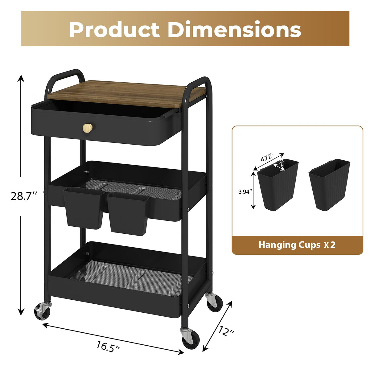 danpinera 3 Tier Rolling Cart, Metal Utility Cart with Wooden Table Top & Drawer, Rolling Carts, Storage Cart with Hanging Cups for Kitchen, Bathroom