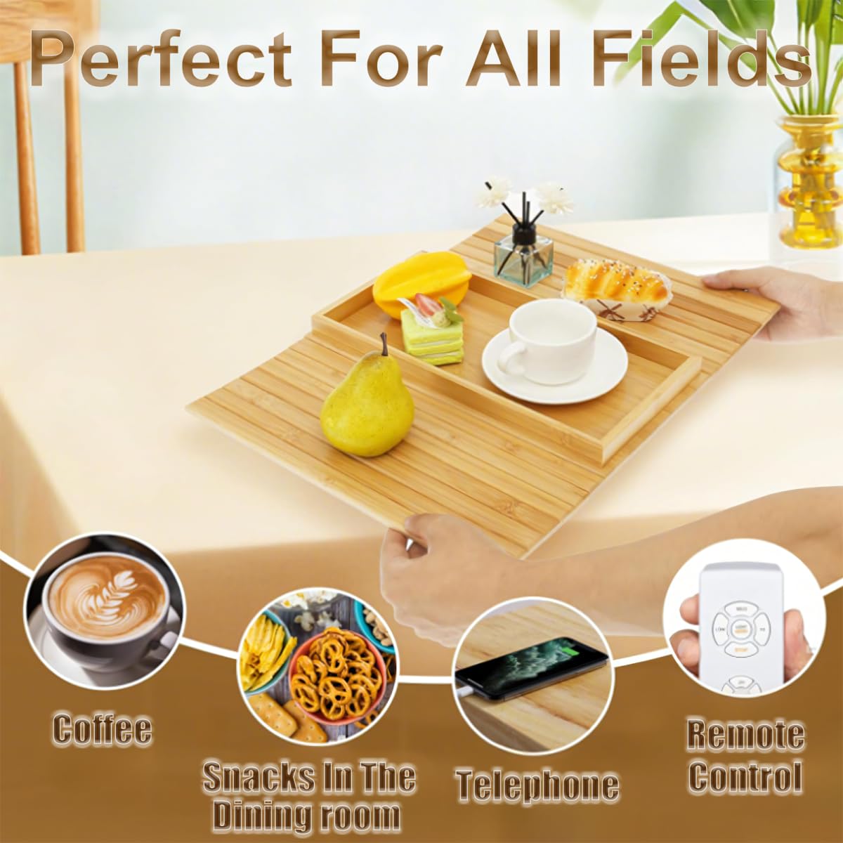 Hovoto Natural Bamboo Sofa Arm Tray, Sofatablett, Sofa Tray Table for Couch, Faltbarer Anti Rutsch Couch Arm Tisch, Sofa Side Table for Snacks
