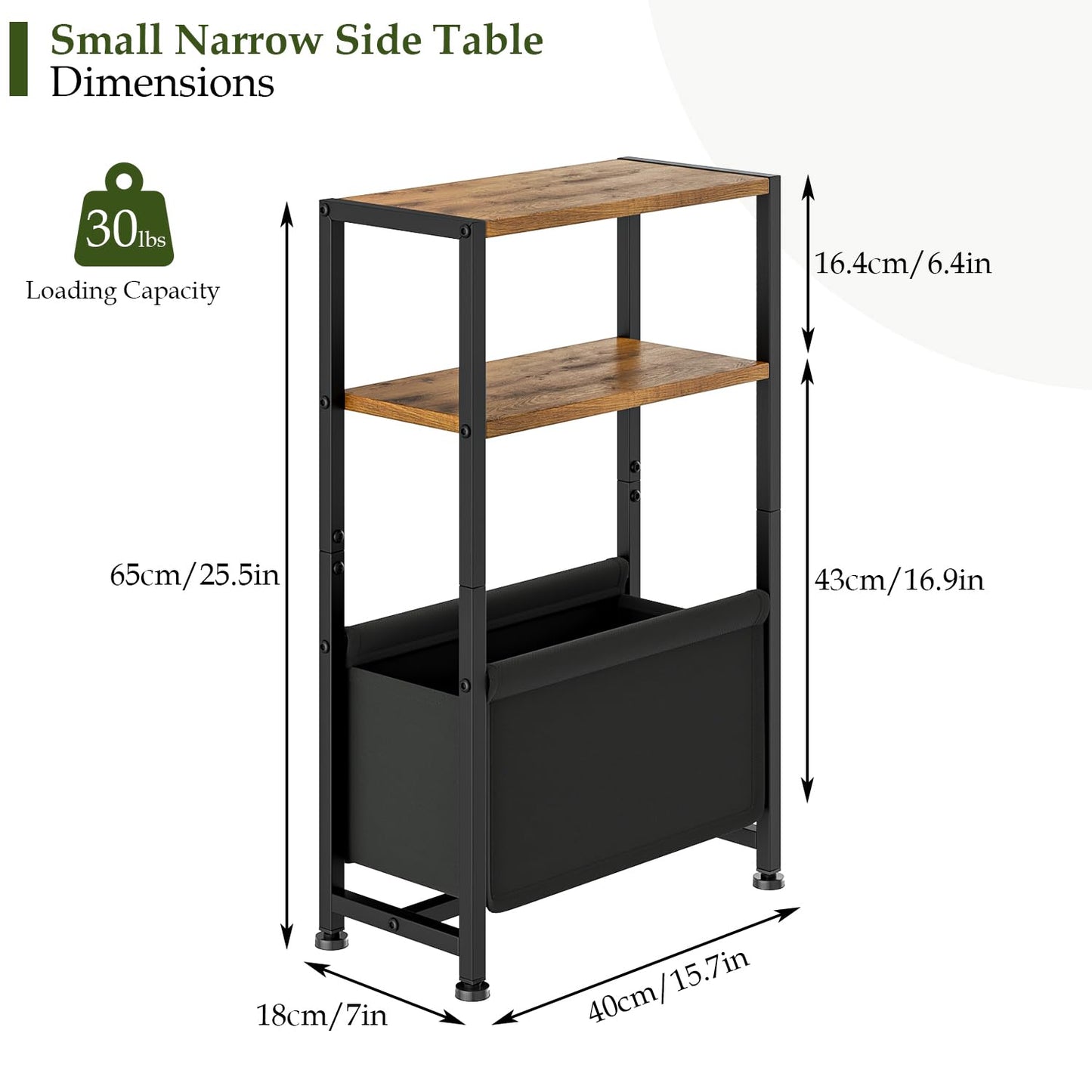 Wooruy 7" Narrow Side Table,Slim End Table with Shelves & Storage Bag