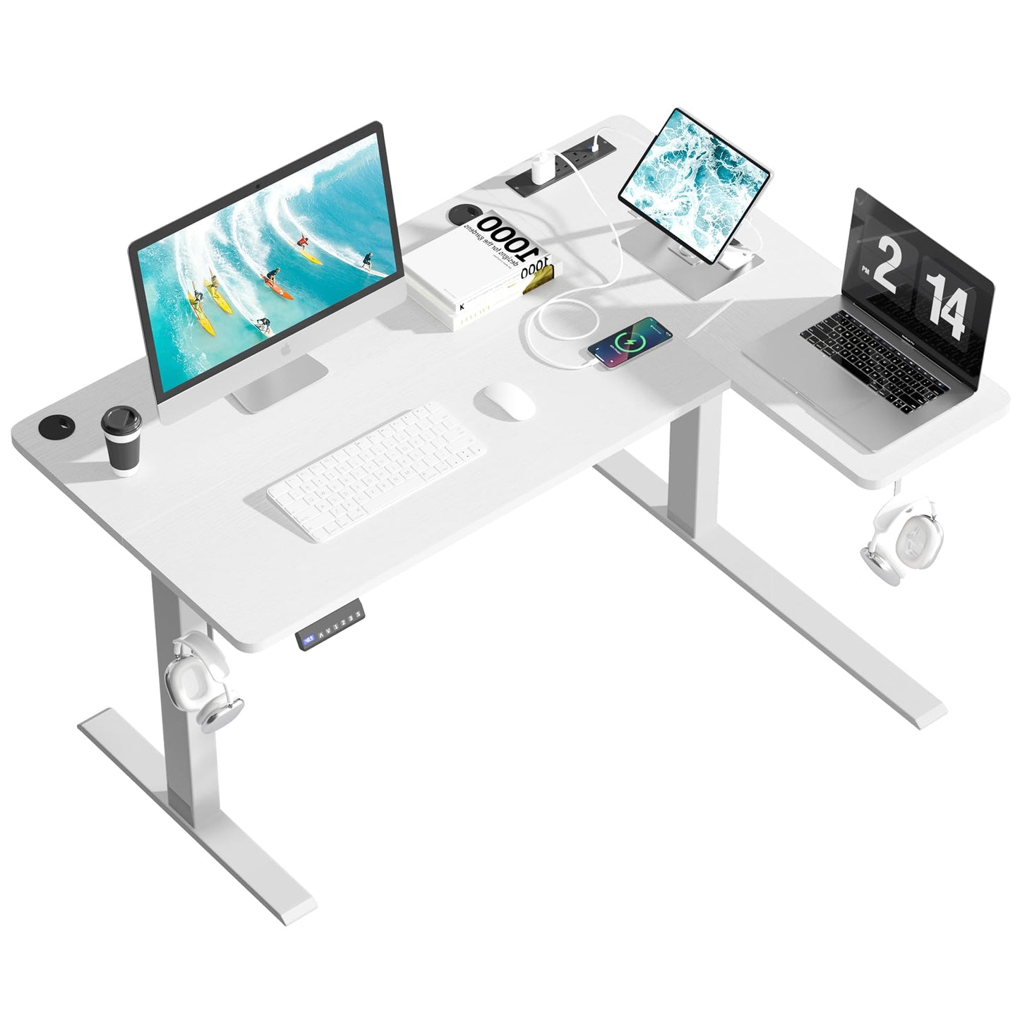 COWISH Electric Standing Desk 120x60cm Sit Stand Table Height Adjustable L Shaped Standing Desk with Built-in Power Outlet & Memory Smart Panel, White