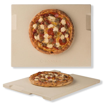ROCKSHEAT Pizza Stone Bread Baking Stone 30 x 38cm Rectangular Stone for Oven and Grill Innovative Double-Sided Built-in Design with 4 Handles Pizza