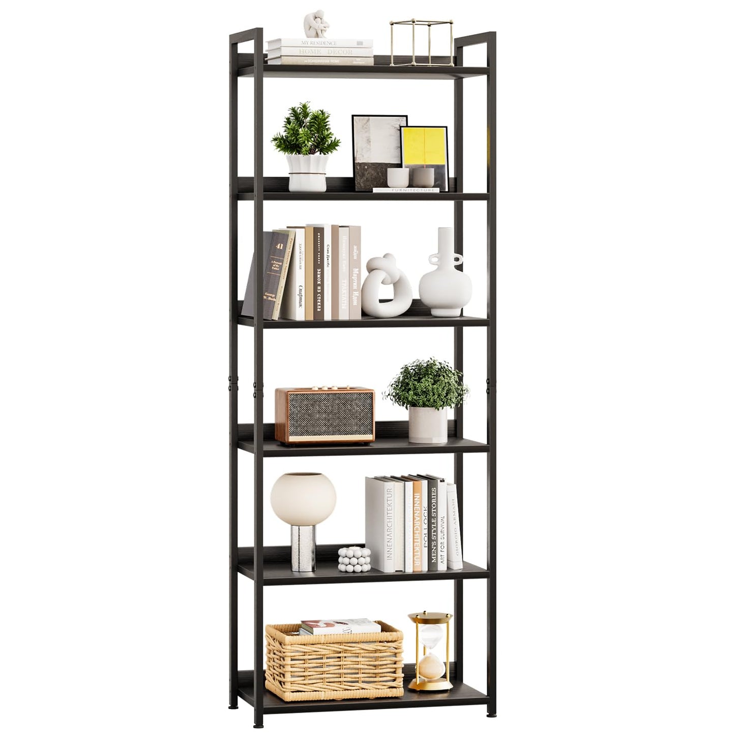 APPOLYN 6 Tier Bookshelf, Open-shelf Bookcase with Backboard, Black
