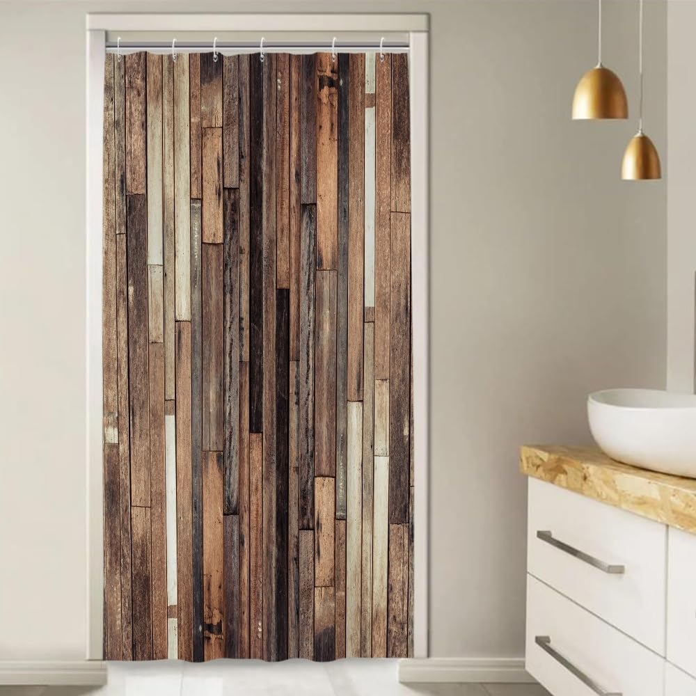 Xiaoterna Vintage Wooden Board Shower Curtain Brown Old Wood Plank Textured Waterproof Bathroom Curtain Retro Western Country Farmhouse Barn Home