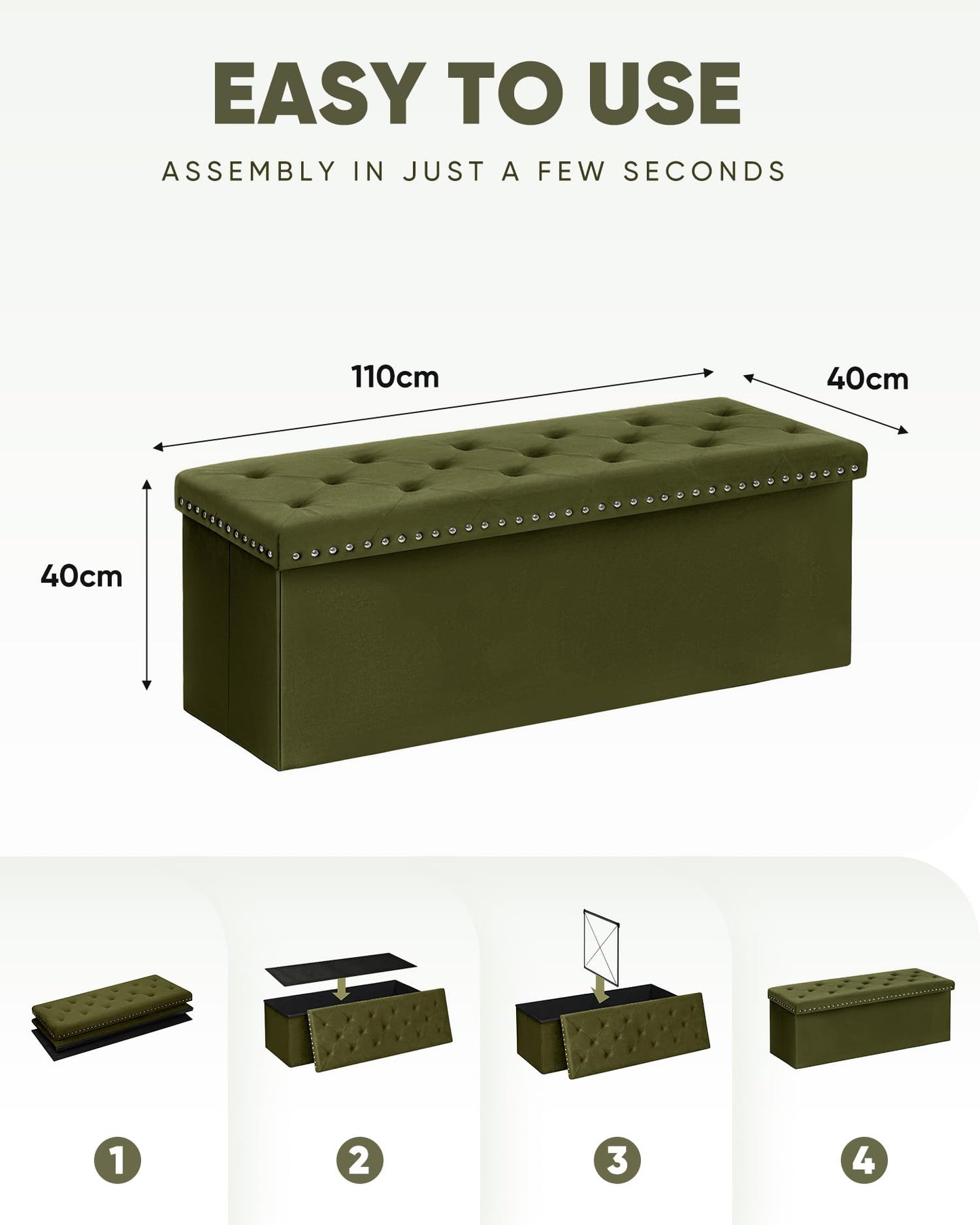 Bonlife Velvet Storage Ottoman, Folding Footstool Space-Saving Bench,110cm