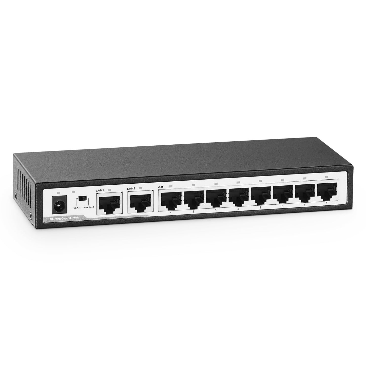 YuLinca 10 Port Gigabit Ethernet Switch, 8 x 100/1000Mbps Ports, 2 Gigabit Uplink, Support Vlan, Metal Fanless Unmanaged Plug and Play