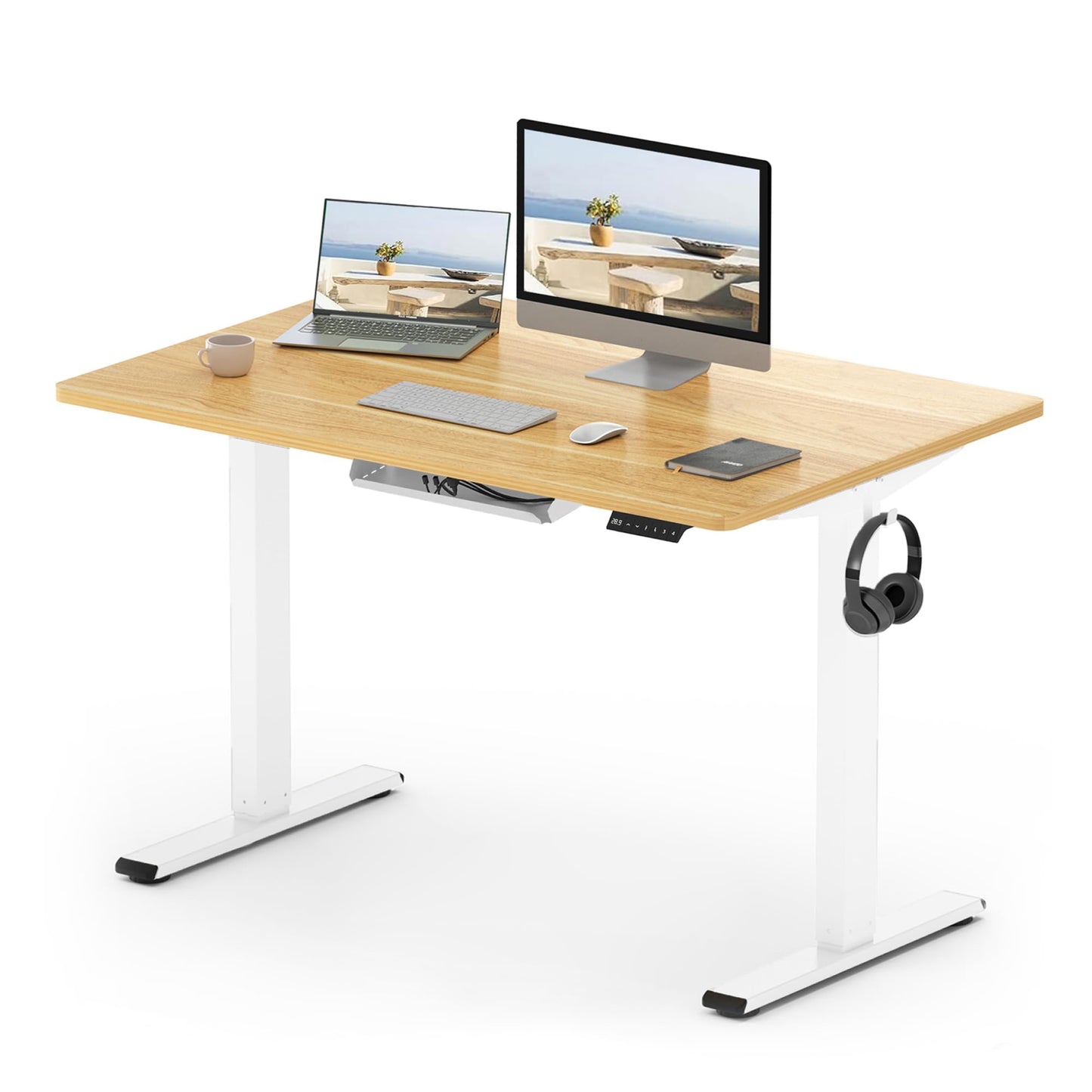 FlexiSpot E1 Plus ONE PIECE Electric Standing Desk Height Adjustable Sit Stand Desk with Memory Smart Panel(120 * 60cm, White Frame+Maple Desktop)