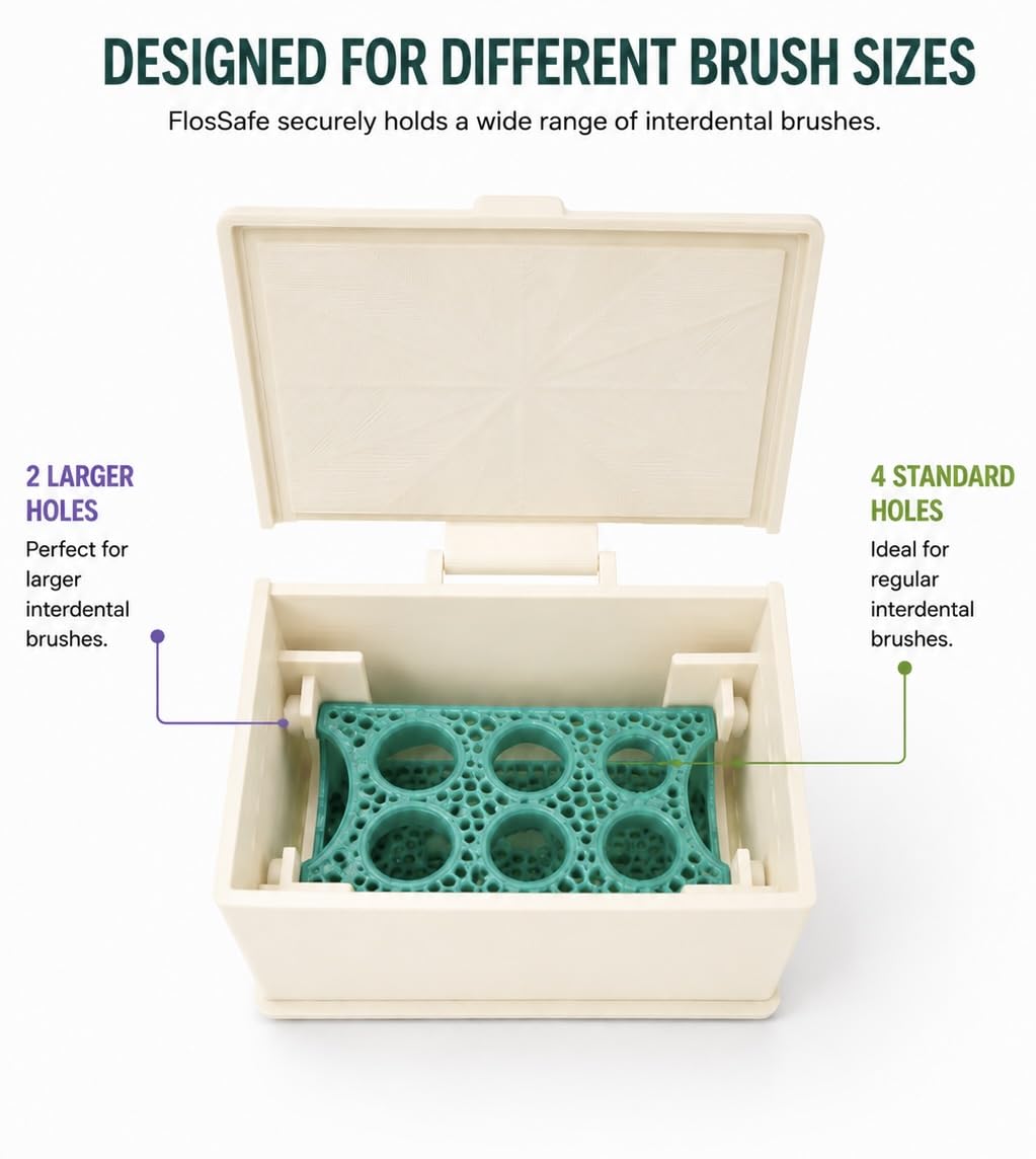 FlosSafe Interdental Brush Holder - TePe Compatible Dental Storage Box | Ventilated Hygienic Organiser | countertop Almond Stone