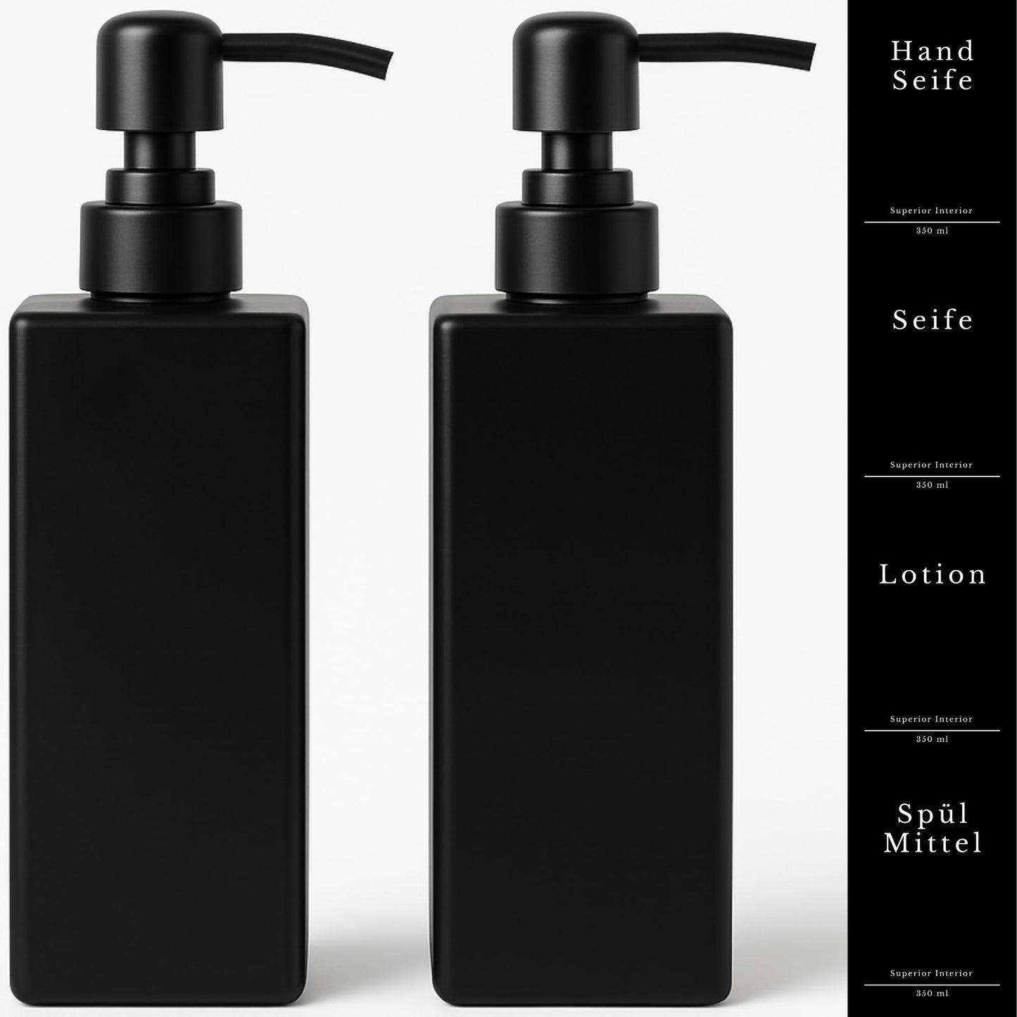 Soap Dispenser Glass Black Matt Pack of 2, 350 ml with Stainless Steel Pump - Detergent Dispenser for Kitchen