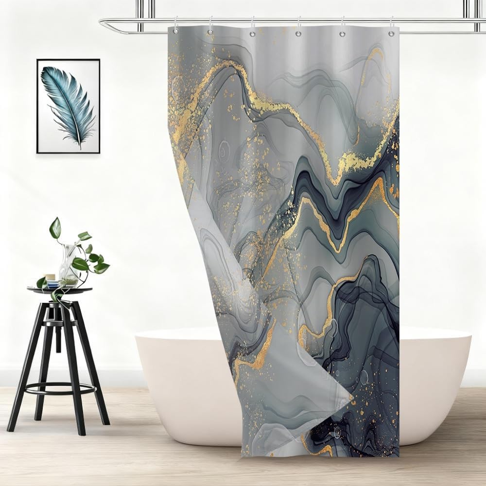 Xiaoterna 90x180cm Marble Shower Curtain Black Grey Gold Dots Waterproof Polyester Bathroom Curtain Luxury Modern Aesthetic Artistic Machine Washable