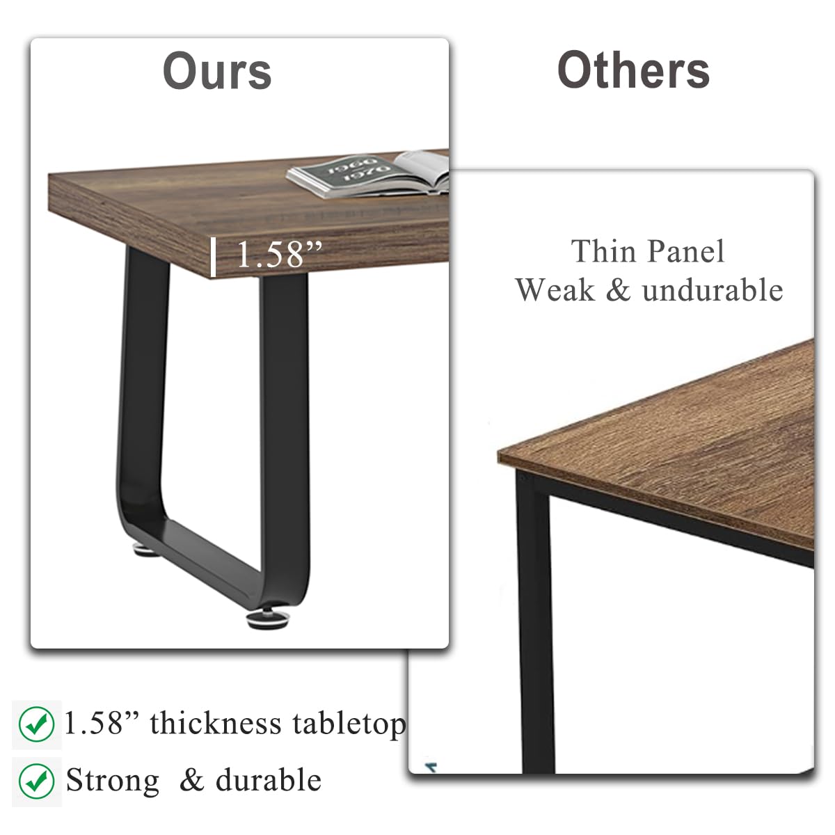 HSH Rustic Oak Coffee Table, 60D×120W×46.5H cm, Rustic Industrial Wooden Coffee Table for Living Room Bedroom Office