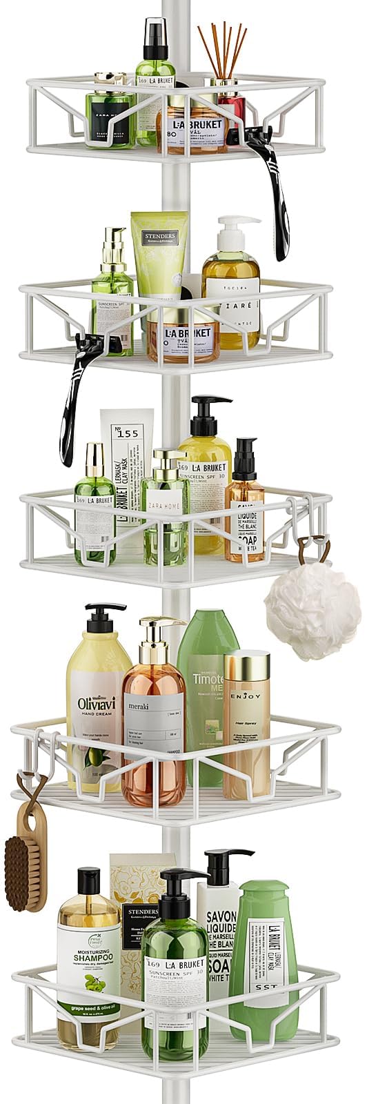 Mutool Adjustable Shower Shelf, Telescopic Shower Caddy with Hooks, No Drilling Corner Shelf with 5 Trays