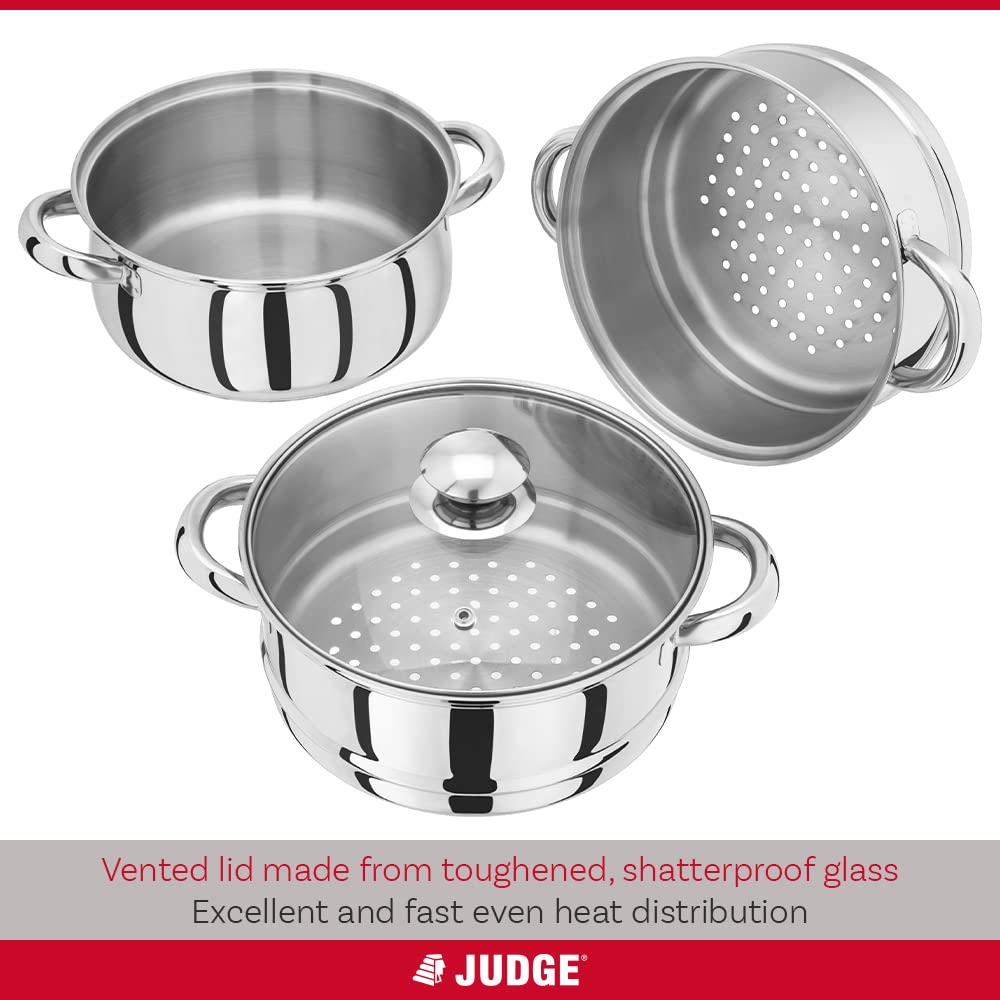 Judge Essential 3-Tier Stainless Steel Steamer - Thermic Based & Vented Glass Lid, Oven-safe Vegetable Steam Cooker with Cool Handles
