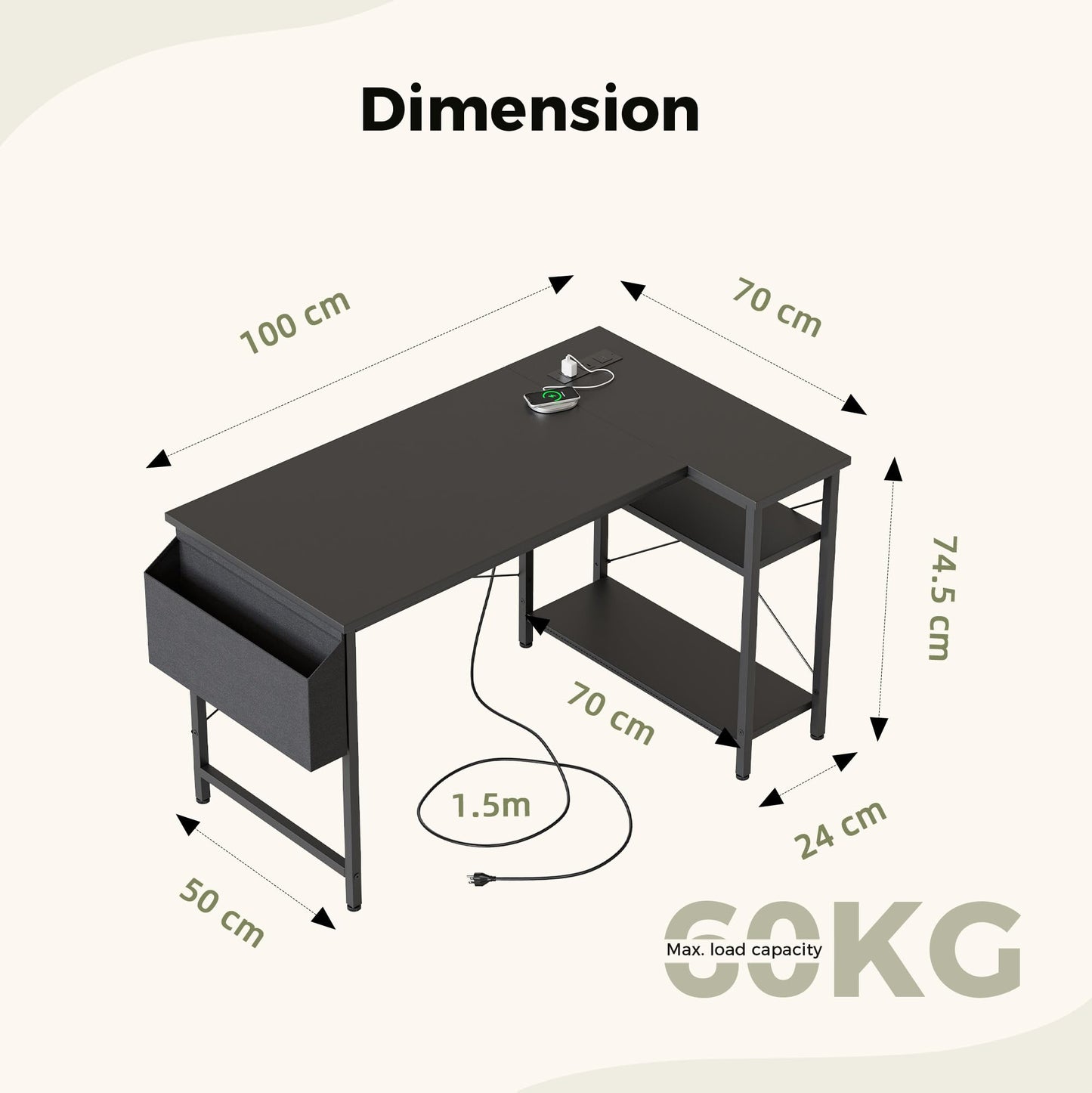 Mericonia Reversible Corner Desk, w. Power Outlets, 100x70cm, Black