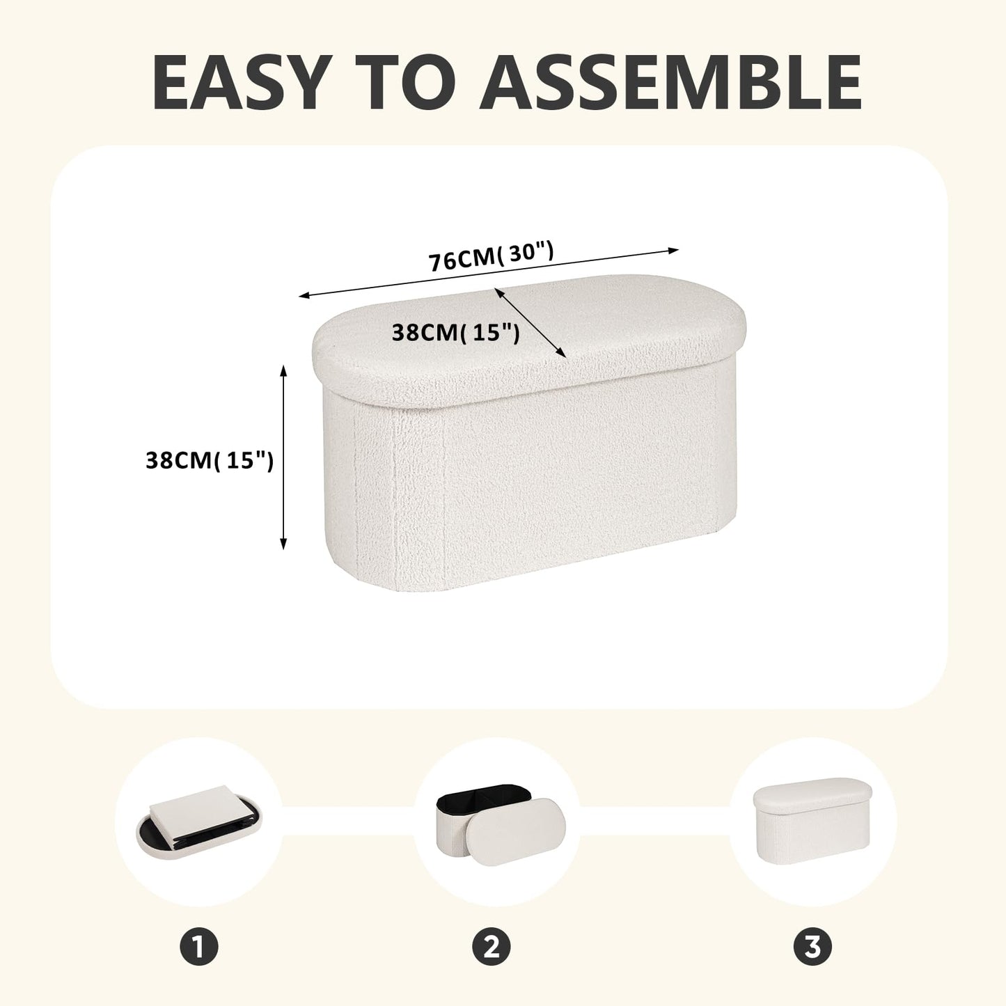 PINPLUS Oval Storage Bench Folding Ottoman Boucle Cream White, 76x38x38 cm