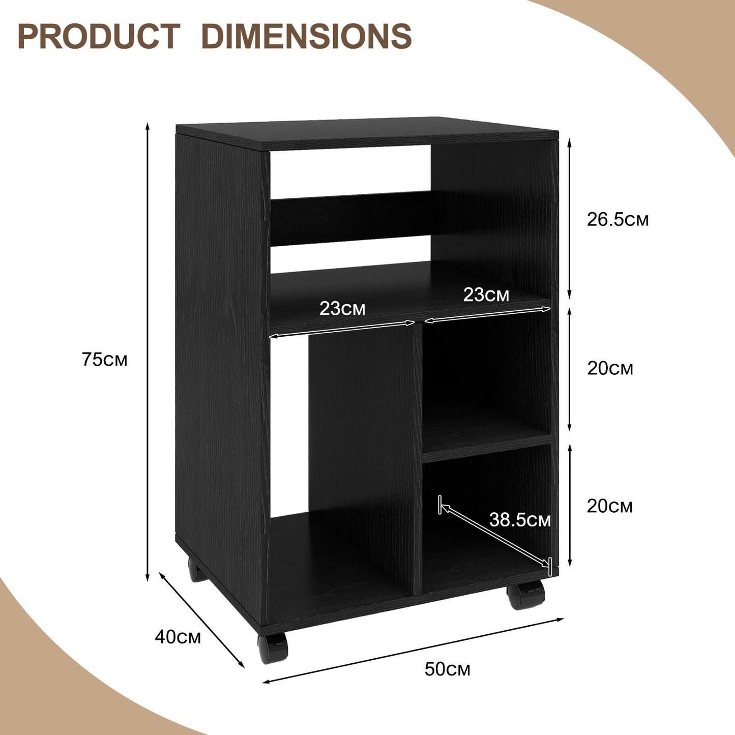 PUNCIA 50x40x75cm Mobile Filing Cabinet with 4 Open Compartments Black