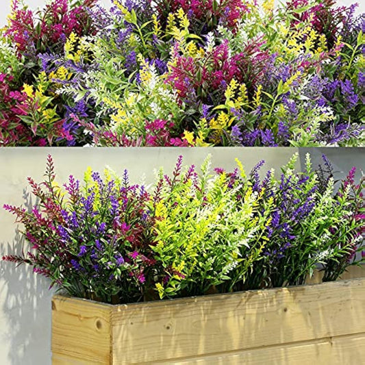 Xinnun 24 Bundles Flowers Outdoor Plants Fake Lavender Plant Artificial Greenery Decoration UV Resistant Plastic Faux Flowers for Home Garden Porch Courtyard Outdoor Indoor