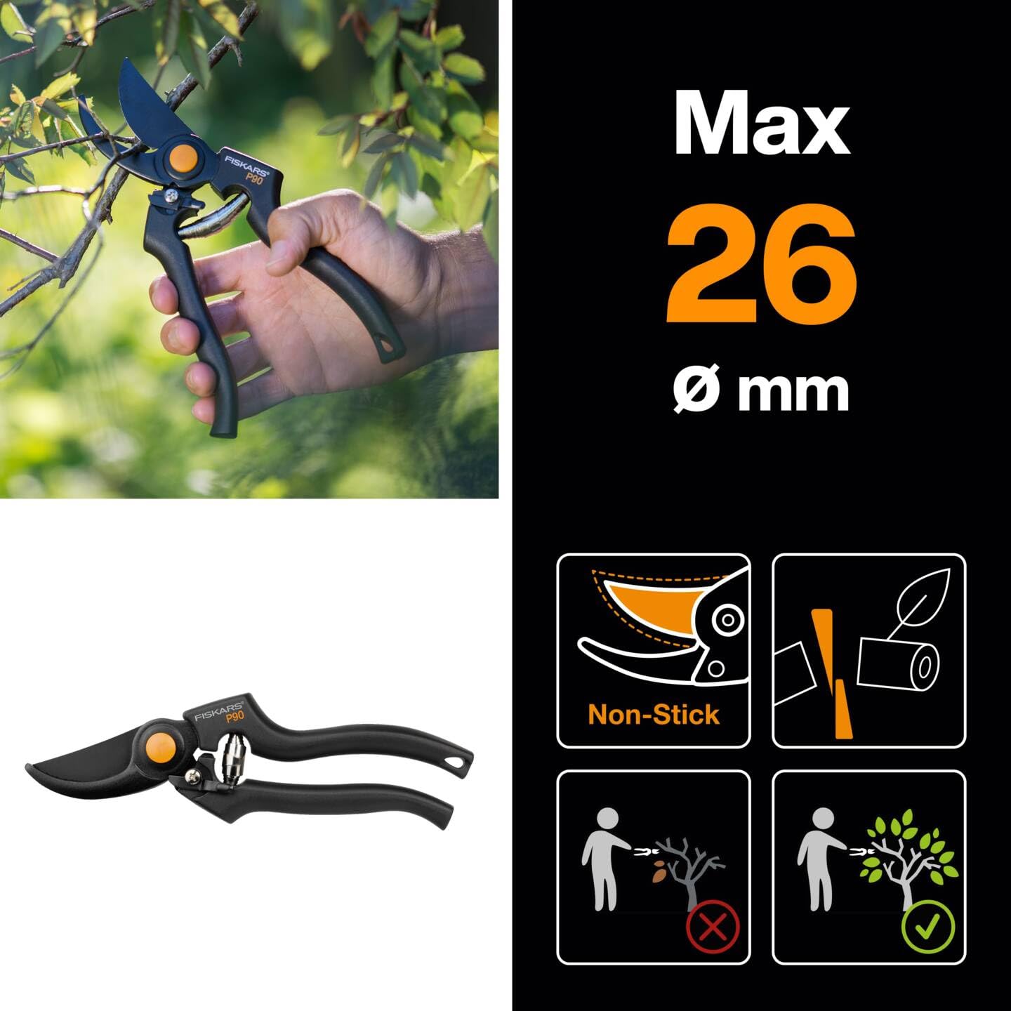Fiskars Pro Pruner P90, Cutting diameter: 2.6 cm, Steel blades with non-stick coating, Length: 22.5 cm, Black/Orange, 1001530