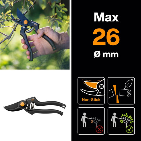 Fiskars Pro Pruner P90, Cutting diameter: 2.6 cm, Steel blades with non-stick coating, Length: 22.5 cm, Black/Orange, 1001530