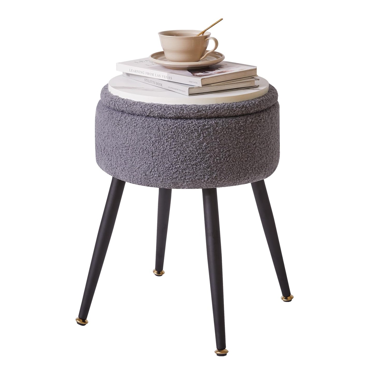 Aibiju Dressing Table Chair with Storage Space, Round Faux Teddy Fur Footrest Footstool Ottoman with 4 Metal Legs