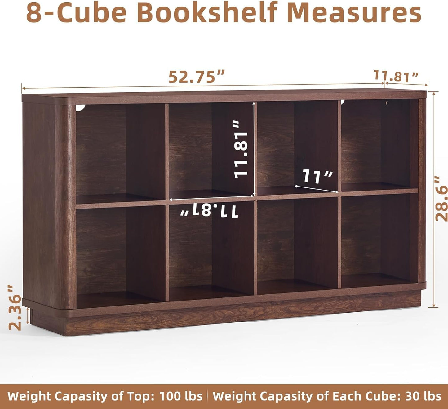 LELELINKY 8 Cube Storage Bookcase, 53" Wide Wooden Book Shelf with Thickened Base, Freestanding 2-Tier Open Book Case Unit with Curved Edge