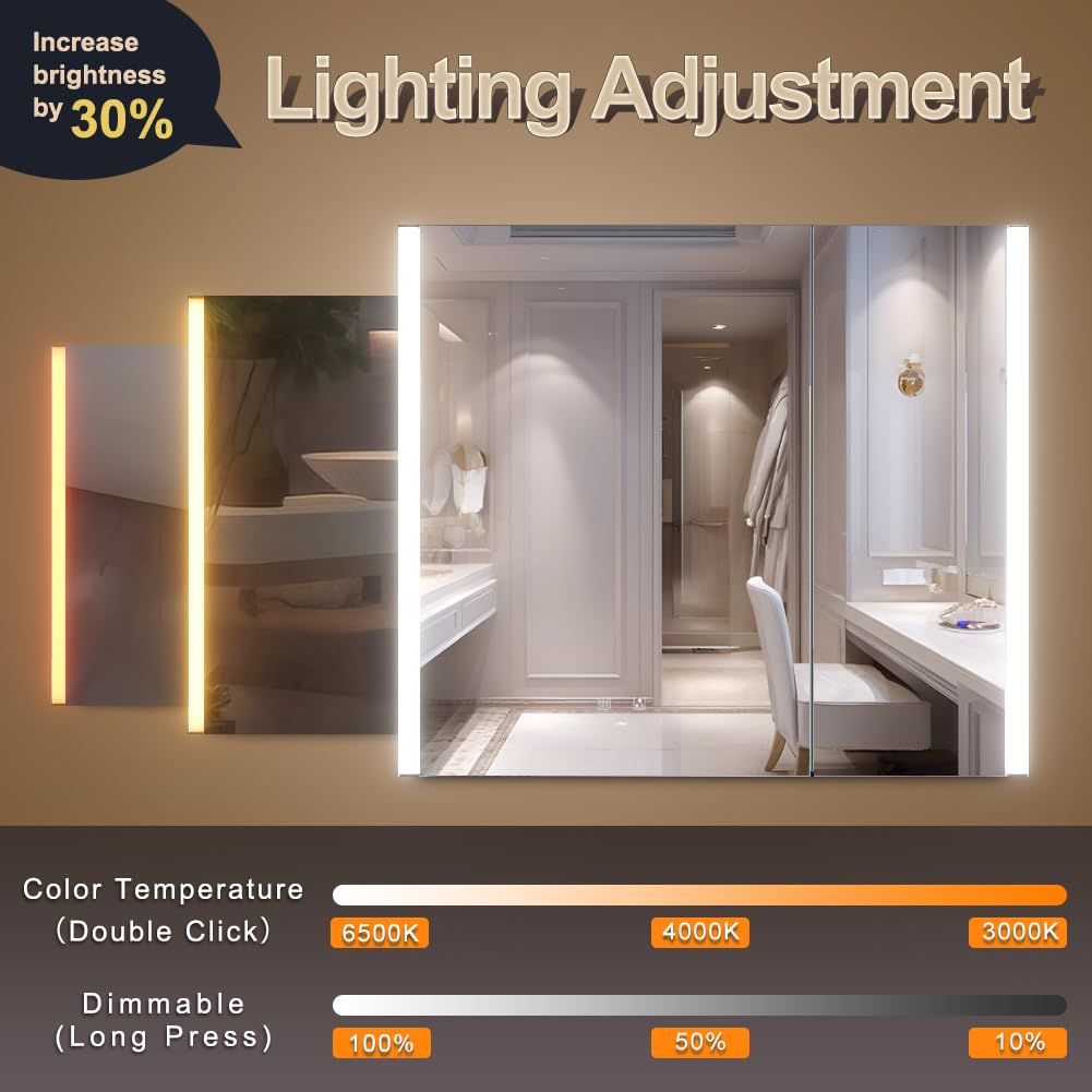 KWW 80 x 70 cm Two Doors Aluminum LED Bathroom Medicine Cabinet with Mirror