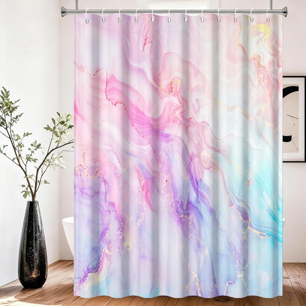 Xiaoterna Marble Shower Curtain Colorful Blue Pink Purple Gold Glitter Marble Shower Curtains Luxury Watercolor Ink Art Bathroom Curtains Washable