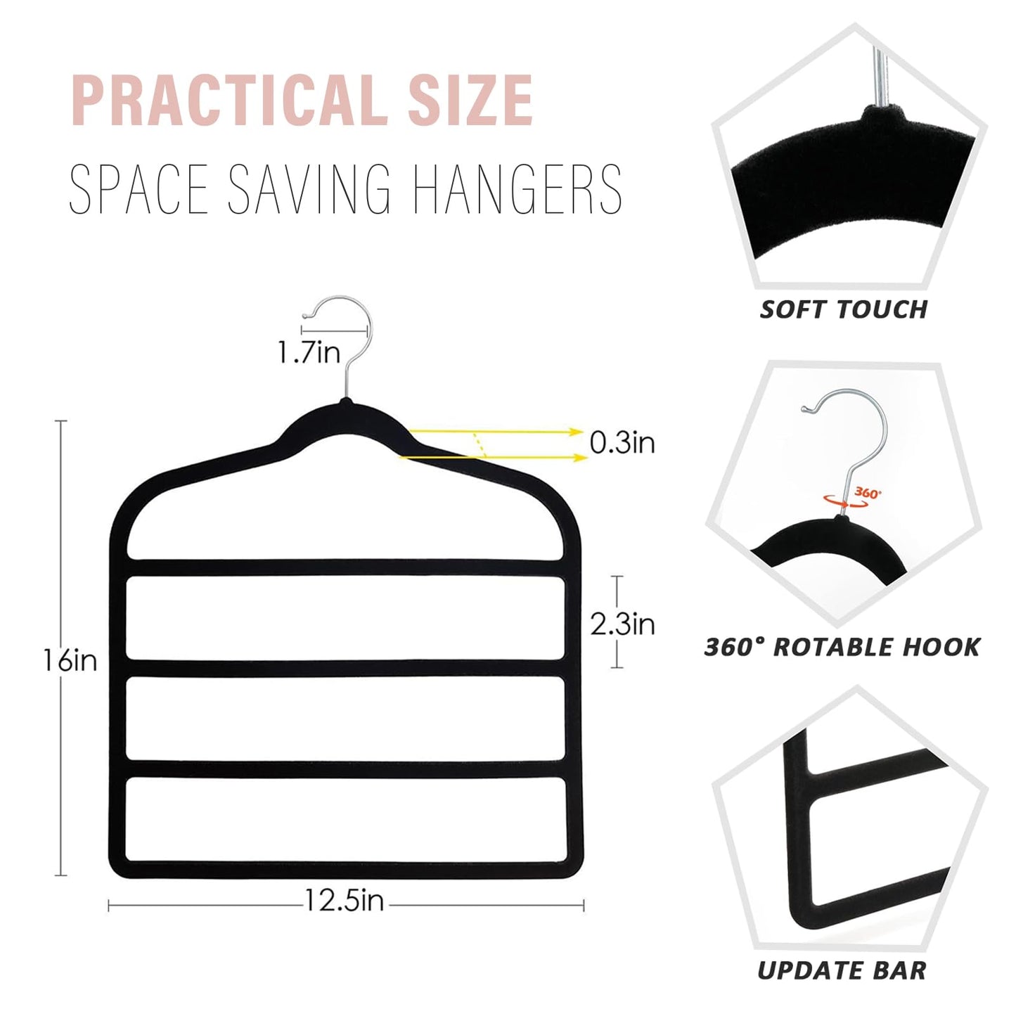 5 Pcs Velvet Trouser Hangers - 4-Layer Space Saving, Non Slip for Jeans, Trousers, Leggings, Tie, Scarf and Towel