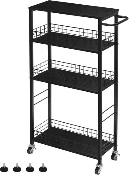 CADUKE Slim Storage Cart Kitchen Rolling Utility Cart on Wheels 4 Tier Mobile Narrow Cart with Wood and Metal Handle Slide Out Storage Shelving Unit