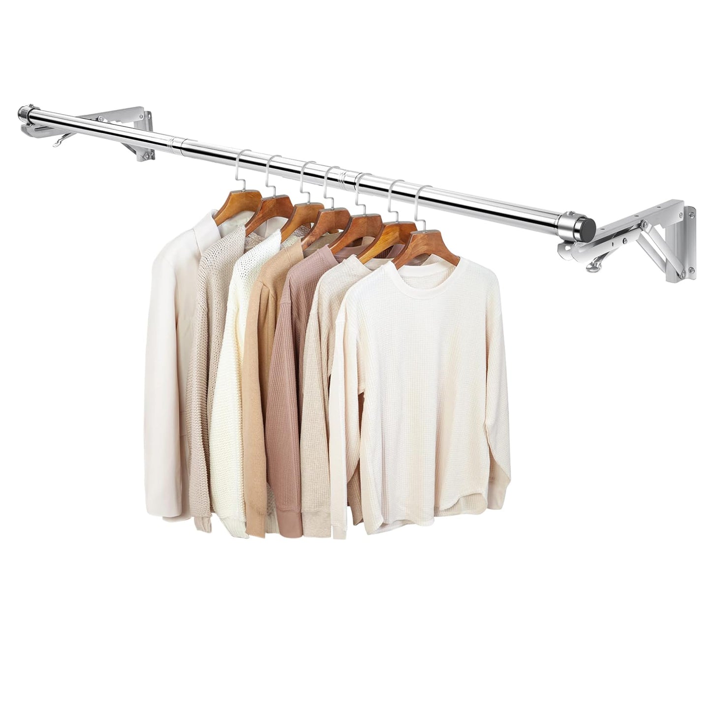 Foldable Wall Mounted Clothes Rack-44'' Long Rod&2 Bases,Stainless Steel, Heavy Duty,Detachable,Multi-Purpose for Space-Saving Garment Rack/Clothes