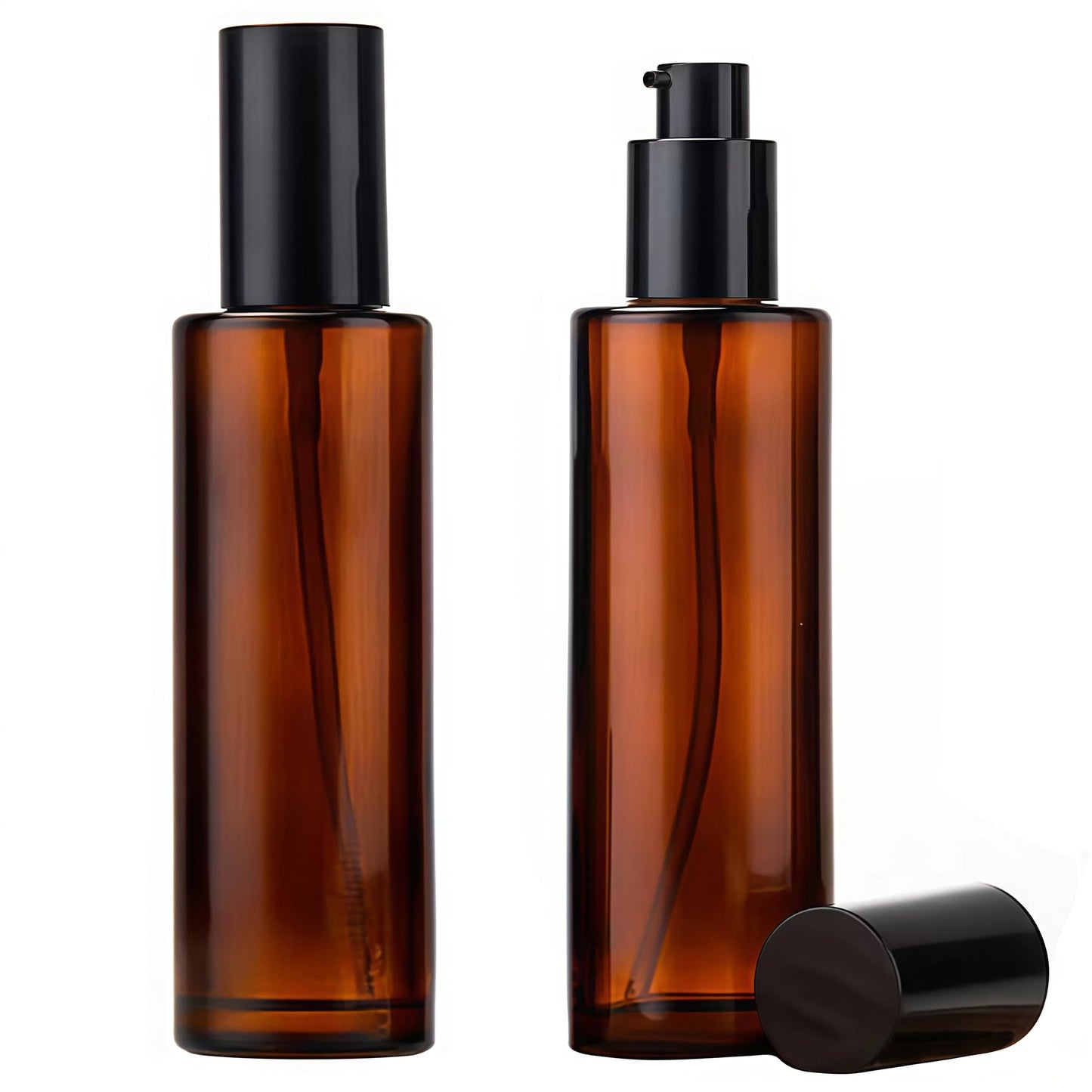 2PCS 100ml/3.3oz Empty Refillable Amber Glass Lotion Pump Press Bottles Soap Dispensers Containers Jars with Black Cap for Foundation Cream Makeup