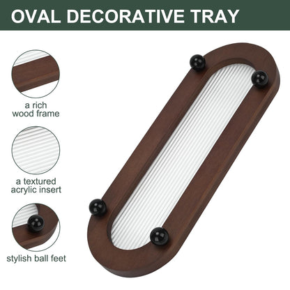 Decorative Serving Tray with Wood Frame and Embossed Clear Acrylic Insert, Oval Shape with Ball Feet, 30x11x3.5cm Stripe