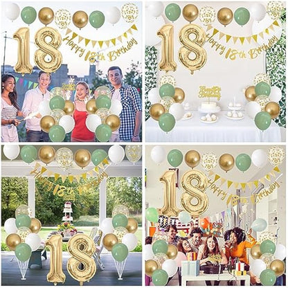 18th Birthday Decorations - Happy 18th Banner, Cake Topper, Foil Balloons in Sage Green, White, Gold for 18 Year Old Party