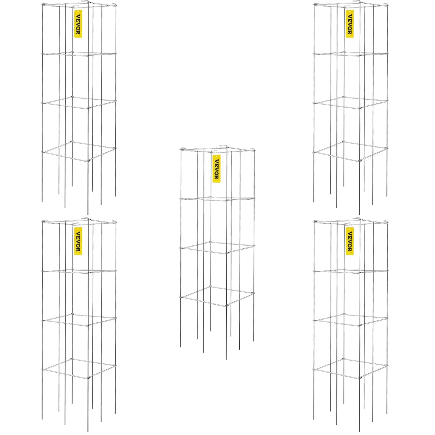 VEVOR Tomato Cages, 11.8" x 11.8" x 46.1", 5 Packs Square Plant Support Cages, Silver PVC-Coated Steel Tomato Towers for Climbing Vegetables, Plants,