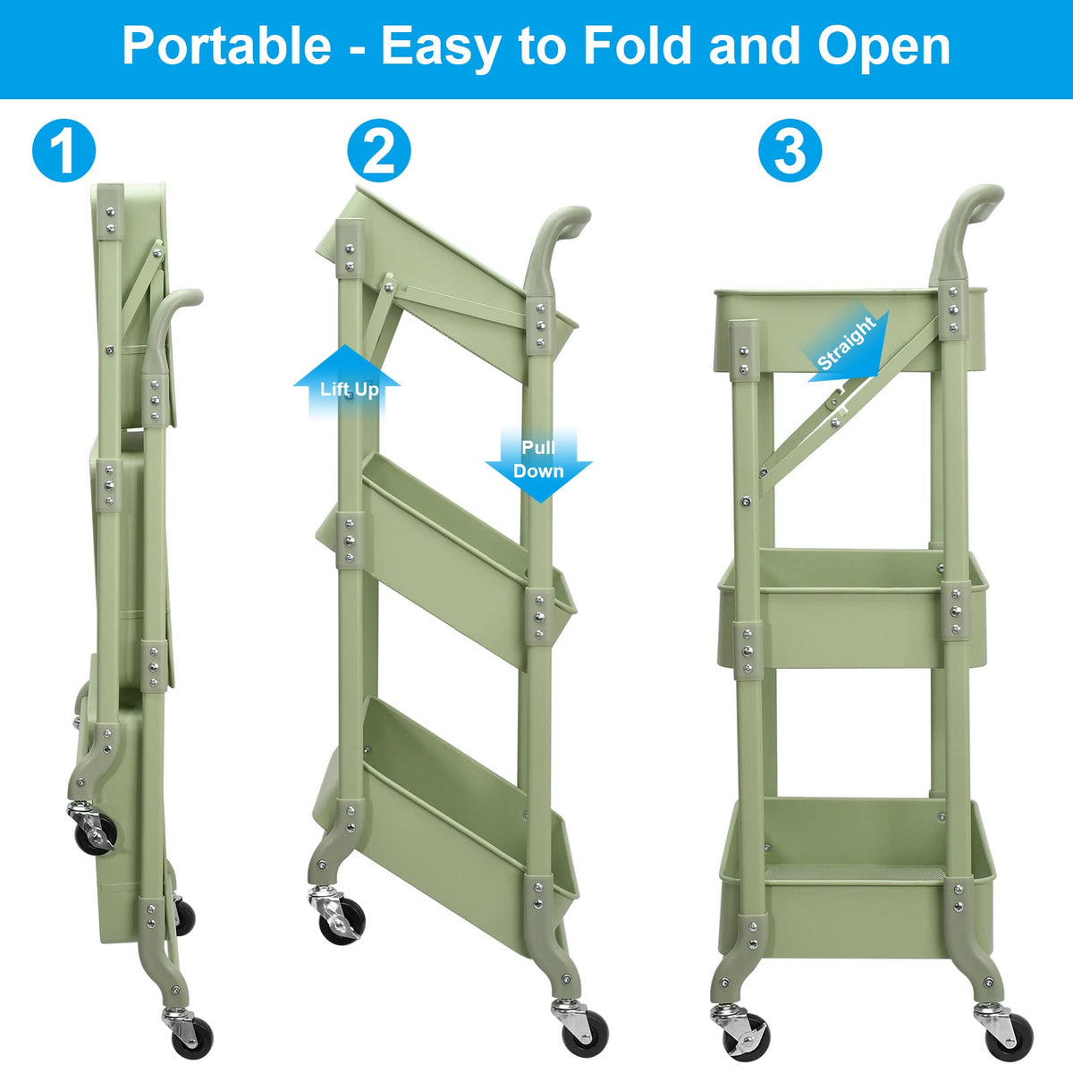 Shrivee 3-Tier Foldable Metal Shelf Organiser, Serving Trolley with Wheels for Kitchen, Bathroom, Office Green