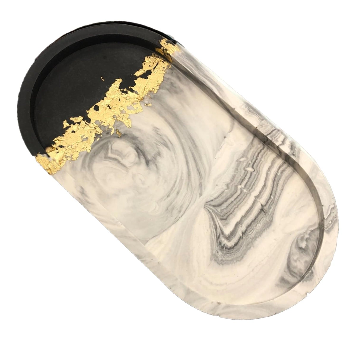 Handmade Jesmonite Oval Vanity Tray - Grey Marble Effect with Gold/Copper/Silver Leaf Detail | Decorative | Jewellery | Trinket