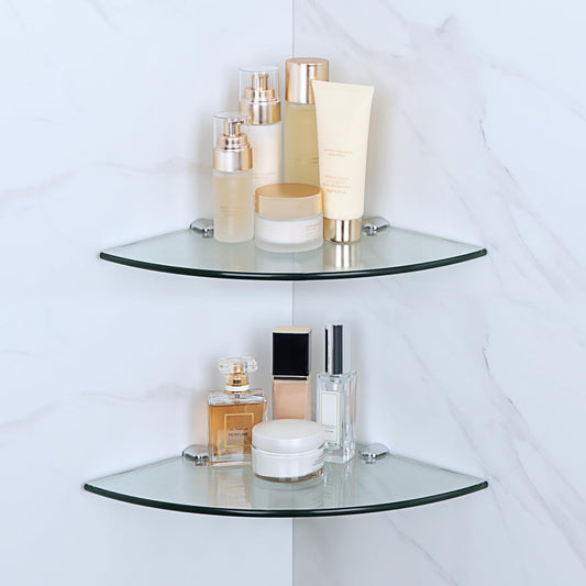 SAYAYO Glass Corner Shelf Bathroom Glass Shelf 2 Pack 250MM (7MM Thick) Tempered Transparent Glass with Chromed Shelf Brackets Wall Mounted,
