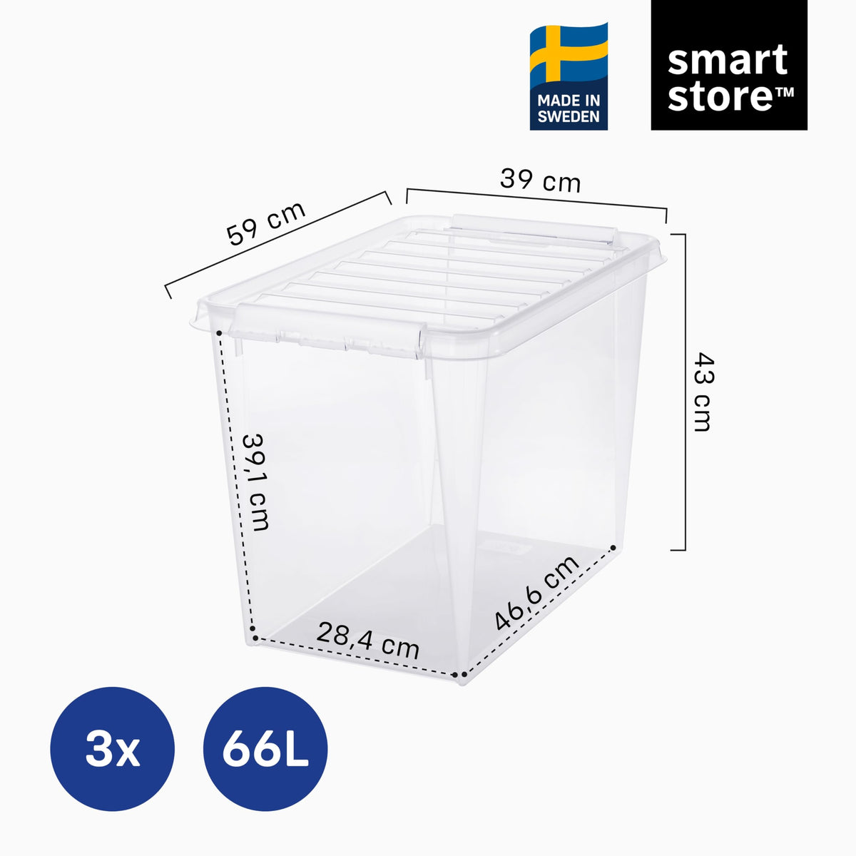 SmartStore - 3x Plastic Storage Box with Lid Classic 66L 59x39x43cm |Plastic Storage Drawers with Lid|Food-Safe Material|Kitchen &
