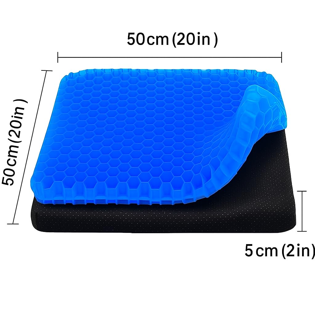 THE CHEESE CHEF New Gel Seat Cushion 50 x 50 x 5cm, Honeycomb Design Double Thick Gel Cushion with Relieving Back coccyx Pain Pressure
