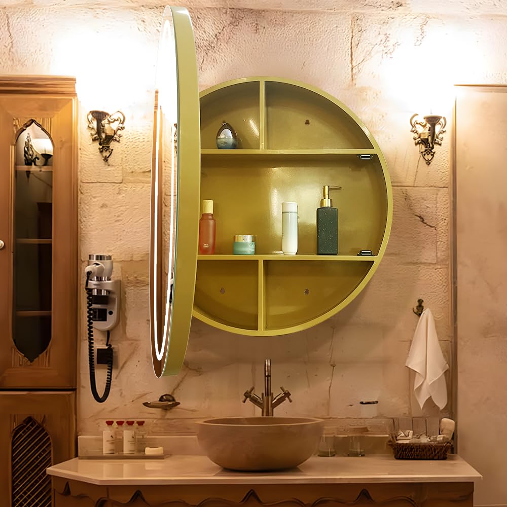 Janboe 71cm Round Mirror Cabinet with Lights,with Defogger,Dimmable,Anti-Fog,3 Colors,Gold