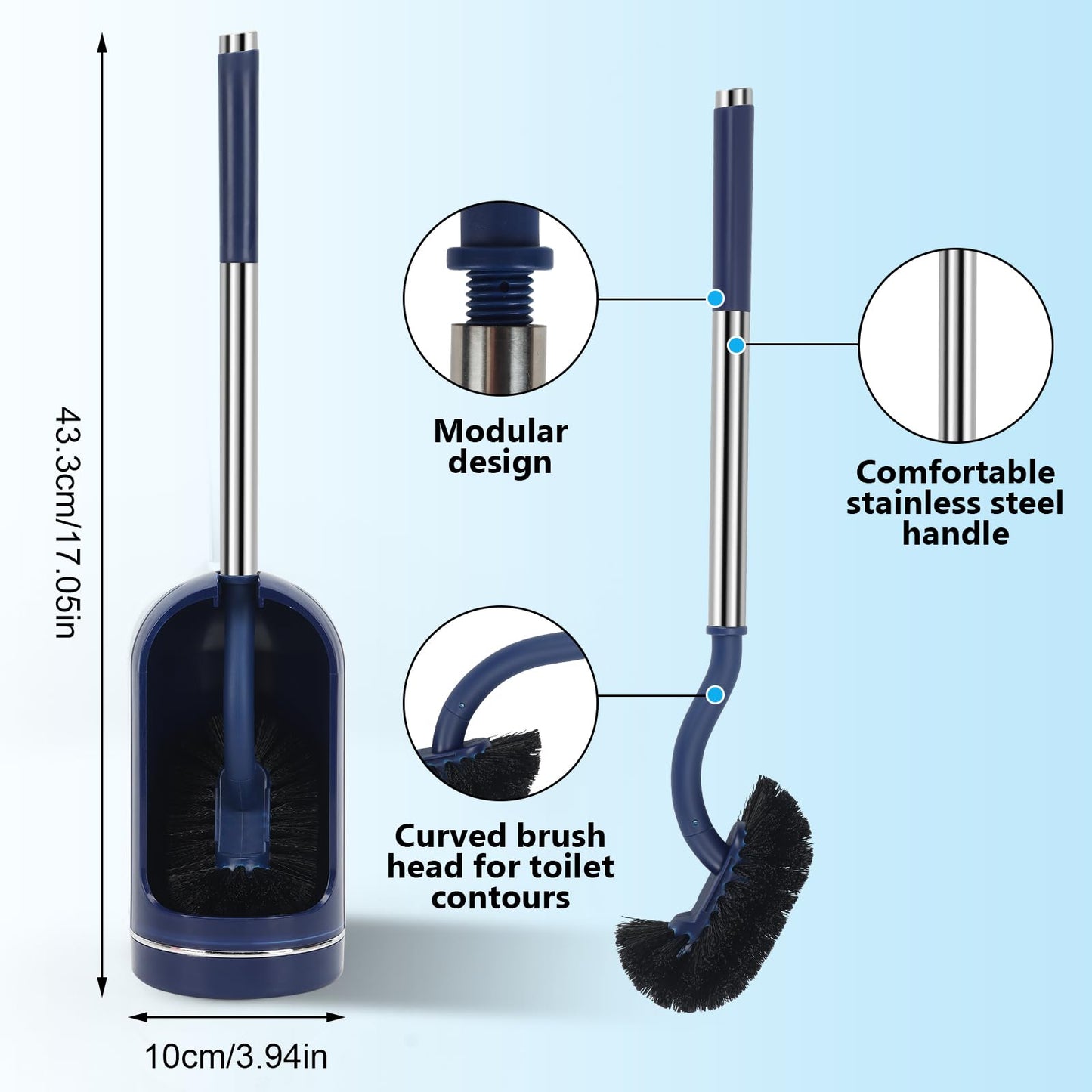 2 Pack Toilet Brush and Holder Set, Curved, Replacement Heads Navy Blue