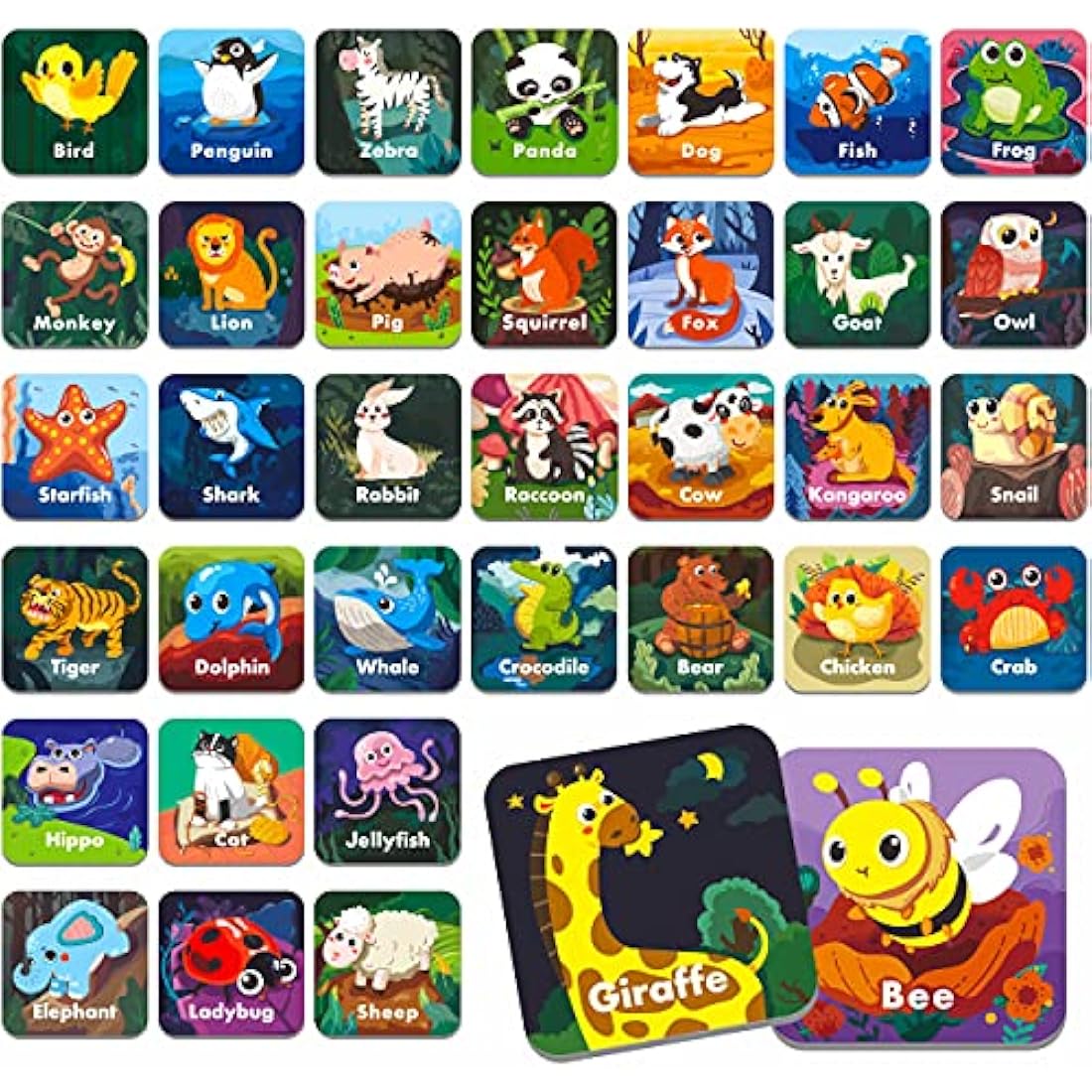 Hebayy 36 Pair Animal Matching Memory Game Flash Cards for Toddlers, Preschool, Kindergarten and Home. Erasable, Fun & Fast, Travel Friendly, Skill Building. Size 2” x 2”(5 x 5 cm)
