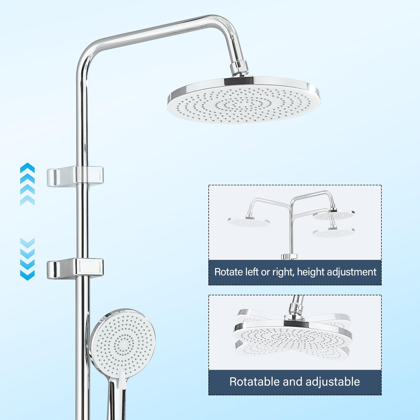 Shower Riser Rail Kit Chrome 10" Round Rainfall Shower Head and 3 Jet Types Handheld Shower Height Adjustable Shower Set Without Mixer Tap Brass