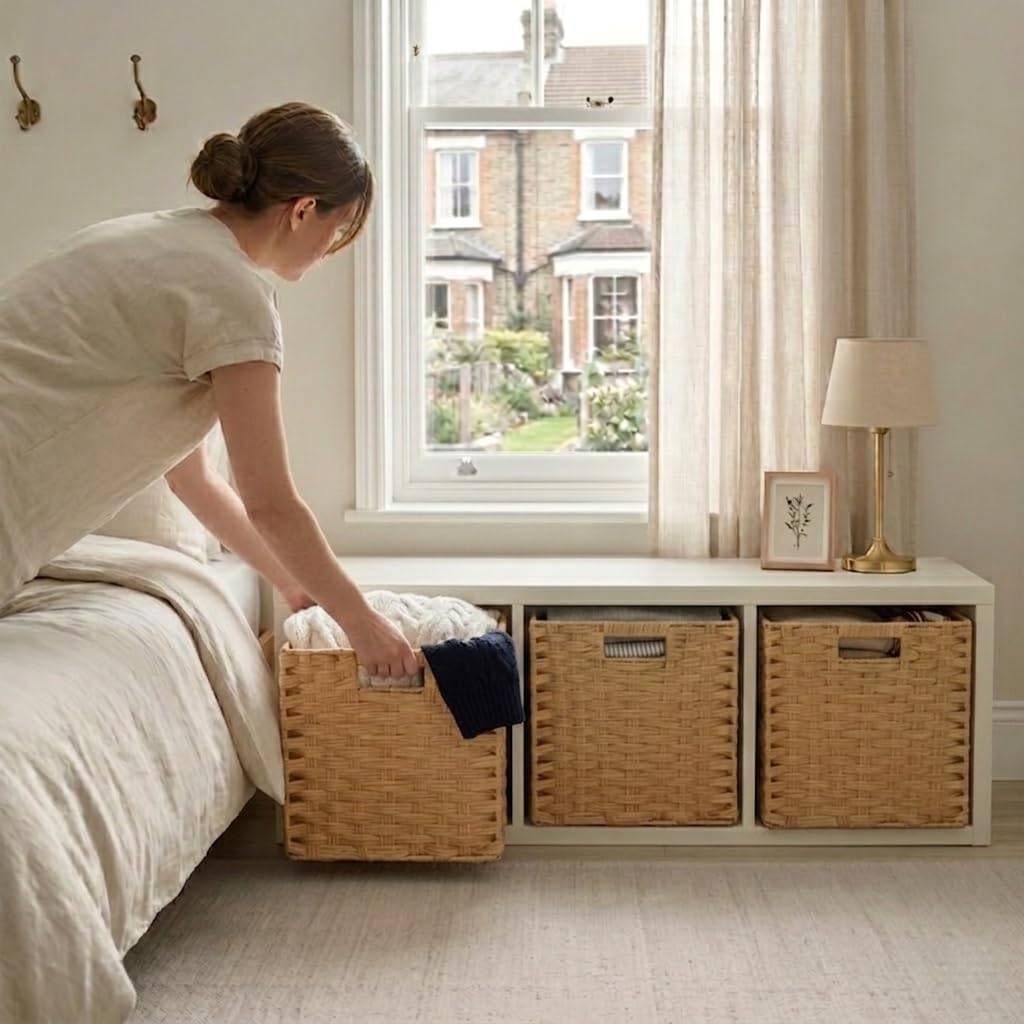 SOCOHOME Cube Storage Box,31x31x31cm Faux Rattan Boxes for Toy Clothes Shelf Nursery Closet Waterproof,Non-Mouldy(Beige, 4 Pcs)